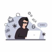 Hacker with laptop breaks password. Data protection and confidential information. Internet security. Fraud and online crime. vector