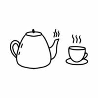 Cute teapot and mug. Doodle illustration. Tea drinking and ceremony. vector