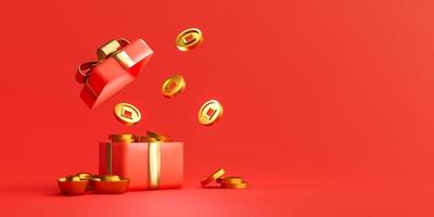 Surprise red gift box with gold money happy chinese new year open gift 3d render photo