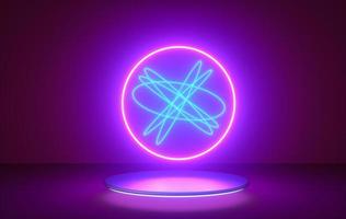 Abstract flight, neon light ring shape on podium. 3D render photo