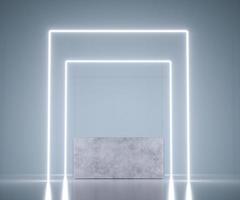 expositor de productos de forma cuadrada con conceptos modernos y elegantes. luz de neón sobre pedestal de mármol. renderizado 3d foto