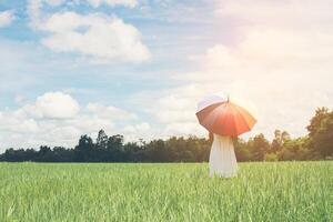 Back Of Young Beautiful woman holding multicolored umbrella in green grassland field and cloud blue sky. photo