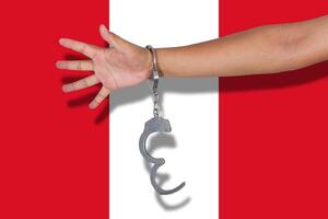 handcuffs with hand on Peru flag photo