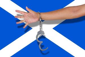 handcuffs with hand on Scotland flag photo