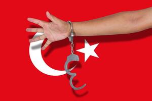 handcuffs with hand on Turkey flag photo