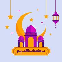 Beautiful Vector Illustration Ramadan Kareem The Holy Month Muslim Feast Greeting Card with Lantern, crescent moon, mosque and Arabic Calligraphy. Flat landing page style vector.