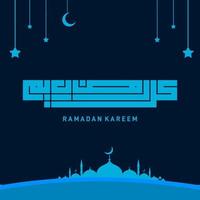 Ramadan kareem typographic. ramadhan feast greeting card vector illustration. lettering composition of muslim holy month with mosque building