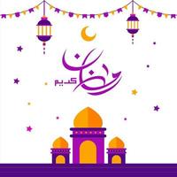 hermosa ilustración vectorial ramadan kareem el mes sagrado tarjeta de felicitación de la fiesta musulmana con linterna, luna creciente, mezquita y caligrafía árabe. vector de estilo de página de destino plano.
