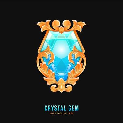 Blue crystal gemstone badge with ornament border