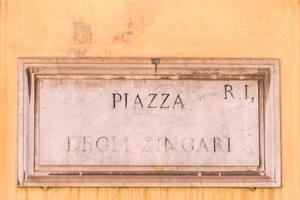 Rome, Italy, August 22, 2020 - Piazza degli Zingari street sign photo