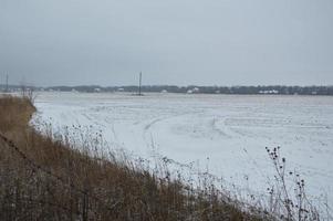 Panorama of an agricultural field covered with snow in winter photo