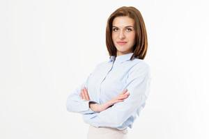 Friendly Beautiful Woman With Crossed Arms In Stylish Classic Shirt Posing On A White Background - Concept Of Successful People. photo