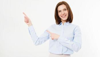 Close up portrait of a happy brunette pointing fingers on white background photo