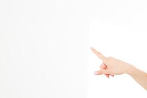 finger point isolated white background. caucasian hand. Mock up. Copy space. Template. Blank. photo