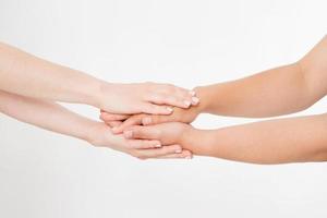 Two people holding hands for comfort isolated. Copy space. Mock up. photo