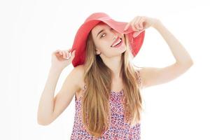 Close up Beautiful Girl, Young Woman Portrait. Attractive Woman Profile. Woman in a Peach Hat on her Head, Beautiful Model Face and Soft Skin. Beauty Portrait of Summer Gi, the Woman's Face photo