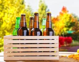 beer on wooden table with blurred park on background,coloured bottles, food and drink concept,selective focus,copy space photo