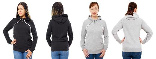 female hood collage front and back view isolated - caucasian and black woman in hoodie mock up photo