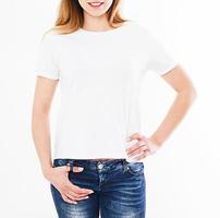 back views of smile woman in tshirt on white background. Mock up for design. Copy space. Template photo