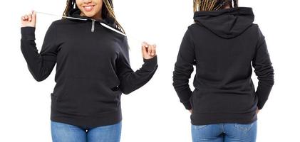 Front back and rear black sweatshirt view. Afro american girl show on template clothes for print and copy space isolated on white background. Mockup. Cropped image photo