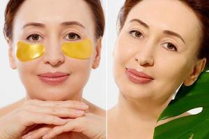 Macro female face before after beauty treatment. Middle aged woman. Beauty portrait of middle age woman with wrinkles and a gold patch under eye isolated. Collagen mask, spa concept. Summer skin care photo