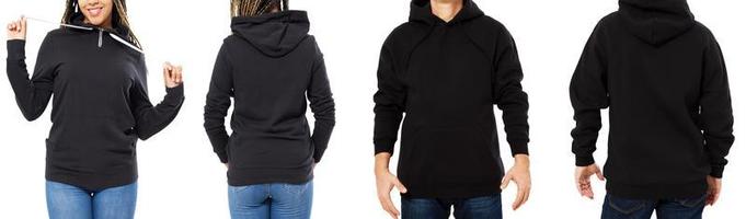 set black hoodie mockup isolated front and back views - man and woman in stylish black sweatshirt mock up isolated over white copy space photo