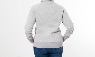 pretty woman in gray pullover hoodie mockup - back view cropped image photo