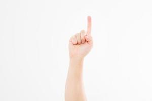 finger point isolated white background. caucasian arm. Mock up. Copy space. Template. Blank. photo