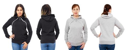 stylish afro american girl in black hoodie mock up, beautiful woman in grey hood set front and back view, sweatshirt isolated mockup photo