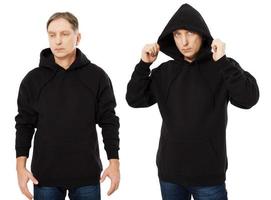Man in black hoodie hoody set front view, hoody mockup isolated on white background. Man puts on a hood photo