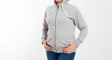 smile middle aged woman in gray pullover hoodie mockup cropped image photo