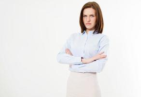 displeased brunette in a shirt with arms crossed photo