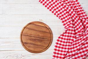 empty desk,tablecloth on wooden table top view,copy space,food and drink concept photo