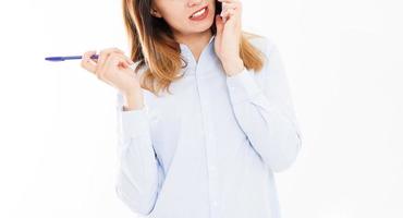 cropped portrait of business girl with smartphone. Woman tolking on phone. Confident young manager. Copy space photo