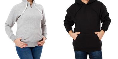 Hoodie mock up isolated on white background, woman grey hoody and man in black hoodie mockup photo