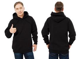 Man hoody set, black hoody front and back view, hood mock up. Empty male hoody copy space. Front and rear background photo