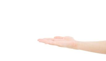 Close-up of hand, palm up. Isolated on white background, hand hold something photo