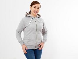 happy beautiful woman in gray pullover hoodie mockup photo