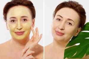 Middle age closeup woman face before after beauty mask treatment. Before-after wrinkled skin. Summer anti aging collagen mask on woman wrinkle face isolated. Mid aged facial skincare. Menopause period photo