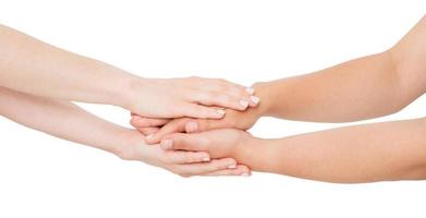 white woman hands comforting her close friend isolated on white background photo