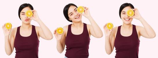 set happy asian, chinese woman with good skin holding halves of orange near face, beauty skincare concept, collage japanese girl photo
