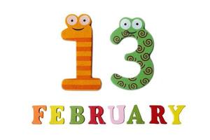 February 13 on white background, numbers and letters. photo