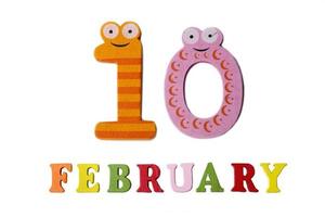 February 10 on white background, numbers and letters.