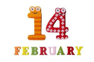 February 14 on white background, numbers and letters. photo