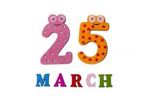 March 25 on white background, numbers and letters. photo