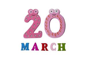 March 20 on white background, numbers and letters. photo