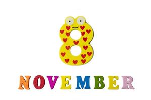 November 8 on white background, numbers and letters. photo