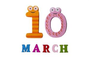 March 10 on white background, numbers and letters.