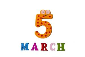 March 5 on white background, numbers and letters. photo