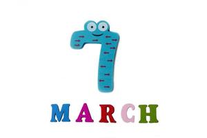 March 7 on white background, numbers and letters. photo